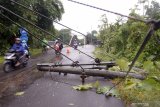 Pengendara kendaraan melintas dekat tiang listrik tegangan tinggi yang ambruk menimpa median jalan di Desa Ngrayung, Trenggalek, Jawa Timur, Kamis (7/3/2019). Hujan deras selama tujuh jam yang terjadi di wilayah itu pada Rabu (6/3/2019) sore telah menyebabkan Sungai Ngasinan meluap yang memicu banjir bandang dan tanah longsor di lebih dari 15 desa 10 kecamatan. Antara Jatim/Destyan Sujarwoko/zk.