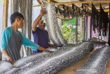 Pekerja menyelesaikan proses penyamakan kulit ular sanca kembang (Malayopython reticulatus) di Workshop Berkah, Kampung Bedeng, Desa Kutajaya, Karawang, Jawa Barat, Kamis (4/4/2019). Pekerja di workshop tersebut mampu menyamak 800 kulit ular per bulan dan dijual dengan harga Rp170 ribu - Rp200 ribu per meter tergantung jenis serta kualitas kulit ularnya untuk bahan baku kerajinan dompet, ikat pinggang, tas dan aksesoris lainnya. ANTARA JABAR/M Ibnu Chazar/agr