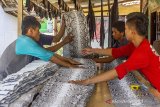 Pekerja menyelesaikan proses penyamakan kulit ular sanca kembang (Malayopython reticulatus) di Workshop Berkah, Kampung Bedeng, Desa Kutajaya, Karawang, Jawa Barat, Kamis (4/4/2019). Pekerja di workshop tersebut mampu menyamak 800 kulit ular per bulan dan dijual dengan harga Rp170 ribu - Rp200 ribu per meter tergantung jenis serta kualitas kulit ularnya untuk bahan baku kerajinan dompet, ikat pinggang, tas dan aksesoris lainnya. ANTARA JABAR/M Ibnu Chazar/agr