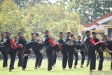 Prajurit TNI memeragakan gerakan silat saat Pengukuhan Beladiri Militer Pencak Silat Nusantara di lapangan upacara Batalyon Para Raider 501/Bajra Yudha Madiun, Jawa Timur, Kamis (4/4/2019). Brigif Para Raider 18/Sarvatra Eva Yudha yang membawahi Batalyon Rara Raider 501/Bajra Yudha mengukuhkan bela diri pencak silat yang gerakannya berasal dari berbagai perguruan silat di nusantara untuk dijadikan beladiri militer. Antara Jatim/Siswowidodo/zk.