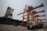 Suasana aktivitas bongkar muat kontainer dari kapal MV Holsatia yang bersandar di Dermaga Internasional PT Terminal Petikemas Surabaya (TPS), Surabaya, Jawa Timur, Sabtu (6/4/2019). PT Terminal Petikemas Surabaya meningkatkan pelayanan bongkar muat dalam satu kapal yang sebelumnya rata-rata hanya sebesar 1.700 hingga 2.000 box atau 2.700 TEUs, saat ini mampu melayani kapal dengan muatan terbesar di atas 3.100 petikemas atau sekitar 4.600 TEUs untuk mendukung perdagangan di rute-rute Inter Asia. Antara Jatim/Moch Asim/zk.