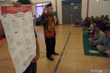 Ketua KPU Tulungagung Mustofa (kedua kanan) menyosialisasikan tata cara mencoblos pada spesimen surat suara di hadapan 200-an warga binaan di Lembaga Pemasyarakatan Klas IIB di Tulungagung, Tulungagung, Jawa Timur, Jumat (5/4/2019). Sosialisasi itu bertujuan meningkatkan partisipasi pemilih dan menekan angka golput dalam Pemilu, 17 April, khususnya di lingkungan LP. Antara Jatim/Destyan Sujarwoko/zk.