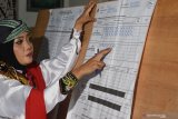 Petugas KPPS mengenakan kostum penari Reog Ponorogo melakukan penghitungan perolehan suara Pilpres Pemilu 2019 di TPS 003 Sukosari, Babadan, Kabupaten Ponorogo, Jawa Timur, Rabu (17/04/2019). Di TPS tersebut pasangan nomor urut 01 Joko Widodo-Maruf Amin menang dengan perolehan 187 suara dan pasangan nomor urut 02 Prabowo Subianto-Sandiaga Uno memperoleh 34 suara. Antara Jatim/Siswowidodo/zk.