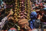 Warga berebut gunungan buah saat tradisi adat Gerebeg Buah di Situs Karangkamulyan, Kabupaten Ciamis, Jawa Barat, Senin (29/4/2019). Gerebeg buah-buahan merupakan ritual bentuk syukur warga atas hasil bumi yang melimpah sekaligus menyambut bulan suci Ramadan. ANTARA JABAR/Adeng Bustomi/agr