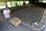 Pekerja memindahkan batu bata saat proses produksi di salah satu industri batu bata tradisional, desa Lamreng, Kecamatan Krueng Baruna Jaya, Kabupaten Aceh Besar, Rabu (1/5/2019). Buruh batu bata yang hanya mampu memproduksi sebanyak 500 hingga 700 batu bata dalam sehari di daerah itu menyatakan memenerima upah sebesar Rp60 per bata atau masih tergolong rendah. (Antara Aceh/Ampelsa)