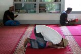 Tiga warga binaan menjalankan ibadah salat dan membaca kitab suci Al Quran di Masjid Miftahul Jannah di Lapas Klas IIA Pontianak di Sungai Raya, Kabupaten Kubu Raya, Kalimantan Barat, Senin (13/5/2019). Lapas Klas IIA Pontianak mengadakan sejumlah kegiataan pembinaan rohani bagi warga binaan beragama Islam yaitu belajar mengaji, membaca Al Quran, ceramah dan salat berjamaah yang digelar setiap hari selama bulan ramadan. ANTARA FOTO/Jessica Helena WuysangANTARA FOTO/JESSICA HELENA WUYSANG (ANTARA FOTO/JESSICA HELENA WUYSANG)