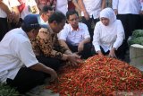 Menteri Pertanian Andi Amran Sulaiman (kedua kiri) Gubernur Jatim Khofifah Indar Parawansa (kanan) meninjau pedagang cabai saat operasi pasar murah bawang putih, di pasar baru Porong, Sidoarjo, Jawa Timur, Rabu (22/5/2019). Operasi pasar yang digelar Kementerian Pertanian bersama Kementerian Perdagangan serta Pemerintah Provinsi Jawa Timur dan Bulog tersebut bertujuan untuk menstabilkan harga bahan pokok, terutama harga bawang putih. Antara Jatim/Umarul Faruq/zk.