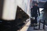 Personel Pomal dari Lantamal V Surabaya menggunakan anjing pelacak menyisir Stasiun Gubeng Surabaya, Jawa Timur, Minggu (26/5/2019). Pengamanan itu guna memberikan keamanan bagi masyarakat pengguna jasa angkutan kereta api yang akan berlibur Lebaran 2019. Antara Jatim/Didik Suhartono/zk.