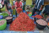 Pedagang menata cabai merah di pasar tradisional Peunayung, Banda Aceh, Aceh, Rabu (19/6/2019). Menurut pedagang di daerah itu, harga cabai merah sejak sepekan terakhir di daerah itu mengalami kenaikan dari Rp40.000 menjadi Rp65.000 hingga Rp70.000 perkilogram akibat stok berkurang dan komoditas lainnya bawang merah dan bawang putih masih bertahan tinggi masing-masing Rp40.000 dan Rp50.000 perkilogram. (Antara Aceh/Ampelsa)