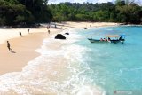 Wisatawan bermain di Pantai Teluk Hijau di Banyuwangi, Jawa Timur, Selasa (18/6/2019). Pantai berpasir putih dan masih alami yang dapat ditempuh menggunakan perahu nelayan sekitar 15 menit tersebut, merupakan salah satu wisata pantai unggulan di Banyuwangi. Antara Jatim/Budi Candra Setya/zk