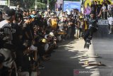 Ratusan pemuda pecinta Skateboard melihat sejumlah aksi skater di Skate Park Pasupati, Bandung, Jawa Barat, Jumat (21/6/2019). Sekitar 500 skateboarder tersebut memeriahkan hari Skateboard Sedunia 2019 dengan melakukan serangkaian aksi dengan mengambil tema 