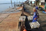 Warga membawa keranjang berisi ikan Gulamah yang telah diasinkan sebelum dijemur di Kampung Laut, Kuala Jambi, Tanjungjabung Timur, Jambi, Minggu (23/6/2019). Ikan asin yang dipasarkan di Jambi dan Riau tersebut dijual Rp15 ribu - Rp20 ribu per kilogram. ANTARA FOTO/Wahdi Septiawan/ama.