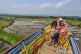 Pengunjung berswafoto di Ekowisata Kampoeng Sawah di Desa Talagasari, Kabupaten Ciamis, Jawa Barat, Rabu (3/7/2019). Ekowisata Kampoeng Sawah dikelola oleh Badan Usaha Milik Desa (Bumdes) Wibawamukti yang dibangun di tengah area persawahan dengan konsep wisata swafoto dan wisata edukasi dikelilingi beraneka bunga. ANTARA JABAR/Adeng Bustomi/agr