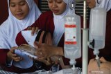 Sejumlah mahasiswi memperagakan cara memakai sarung tangan infus (Sarang Infus) untuk anak inovasi buatannya di Universitas Muhammadiyah Surabaya (UMS), Surabaya,  Jawa Timur, Kamis (11/7/2019). Pelindung infus inovasi dari empat mahasiswa Fakultas Ilmu Keperawatan Universitas Muhammadiyah Surabaya tersebut berfungsi untuk mengunci pergerakan sendi pada anak saat dilakukan infus. Antara Jatim/Didik Suhartono/ZK