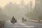 Pengendara motor melintasi jalan yang diselimuti kabut asap di jalan lintas Nasional Medan-Banda Aceh di Desa Suak Timah, Samatiga, Aceh Barat, Aceh, Sabtu (13/7/2019). Kebakaran lahan dan hutan (Karhutla) yang terjadi di empat Kecamatan di kabupaten setempat menyebabkan sejumlah wilayah diselimuti kabut asap dengan jarak pandang 50-100 meter. ANTARA FOTO/Syifa Yulinnas/nym.