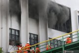 Petugas memadamkan api yang membakar bangunan di komplek pergudangan Mutiara Jalan Tambak Langon, Surabaya, Jawa Timur, Senin (15/7/2019). Sekitar 17 unit kendaraan pemadam kebakaran serta dua unit Bronto Sky Lift dikerahkan untuk memadamkan kebakaran bangunan 'Cold Storage' berlantai tiga dengan lebar sekitar 30 meter dan panjang sekitar 54 meter yang sedang dalam proses penyelesaian pembangunan itu. Antara Jatim/Didik Suhartono/ZK