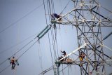 Pekerja memasang instalasi listrik di menara Saluran Udara Tegangan Ekstra Tinggi (SUTET) di arteri Porong, Sidoarjo, Jawa Timur, Senin (15/7/2019). Menurut Direktur Eksekutif Institute for Essential Services Reform (IESR) Fabby Tumiwa ketika proyek 35 ribu MW dibuat, asumsi pertumbuhan listrik di Indonesia mencapai 8-9 persen per tahun. Namun, sejak tahun 2014-2018 pertumbuhan itu hanya mencapai lima persen. Antara Jatim/Umarul Faruq/zk