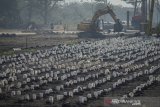 Pekerja menggunakan alat berat menyelesaikan konstruksi jalur kereta api pada proyek pembangunan Stasiun Kereta Cepat Jakarta-Bandung di Tegalluar, Kabupaten Bandung, Jawa Barat, Senin (22/7/2019). Pemerintah Provinsi Jawa Barat berencana akan membuat jalur penghubung antara kereta dalam kota dengan kereta cepat Jakarta-Bandung sepanjang 15 kilometer dari Stasiun Kereta Cepat Tegalluar menuju Stasiun Bandung. ANTARA JABAR/Raisan Al Farisi/agr