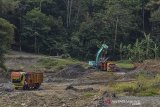 Pekerja memasukkan pasir ke bak truk dengan alat berat di aliran Sungai Ciwulan, Jatiwaras, Kabupaten Tasikmalaya, Jawa Barat, Kamis (25/7/2019). Penambangan pasir yang diduga tidak berizin tersebut dapat menyebabkan terjadinya longsor dan penyurutan air sungai dan mengganggu ekosistem di aliran sungai. ANTARA JABAR/Adeng Bustomi/agr.
