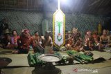 Kepala adat Ali Ancin (dua kanan) memimpin ritual Ngemonta (hasil panen) dalam acara Mesiwah Pare Gumboh di desa Liyu, Kabupaten Balangan, Kalimantan Selatan, Jumat (26/7/2019)malam.Masyarakat adat Dayak Deah melakukan tradisi tahunan 'Mesiwah Pare Gumboh' yang artinya Syukuran Panen Bersama untuk melestarikan budaya lokal sekaligus ajang promosi berbagai kesenian Dayak Deah.Foto Antaranews Kalsel/Bayu Pratama S.