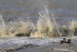 Sejumlah anak bermain di antara ombak di pantai Juntinyuat, Indramayu, Jawa Barat, Selasa (13/8/2019). BMKG menyatakan gelombang di perairan laut Jawa mencapai 3 meter akibat angin kencang. ANTARA FOTO/Dedhez Anggara/agr