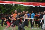 Peserta  mengikuti lomba tarik tambang memeriahkan HUT ke 74 RI di Stadion Harapan Bangsa, Banda Aceh, Sabtu (17/8/2019). Kegiatan aneka lomba yang diselenggarakan BUMN Hadir untuk Negeri dalam rangka memeriahkan HUT ke 74 RI itu antara lain, panjat pinang, lari dalam karung, lomba  kelereng, tarik tambang dan lomba kompetensi Teknik dan K3 . Antara Aceh/Ampelsa