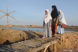 Warga menikmati panorama lahan garam di Desa Bunder, Pamekasan, Jawa Timur, Sabtu (24/8/2019). Pada musim olah seperti saat ini, lahan tersebut menjadi objek wisata edukasi  garam. Antara Jatim/Saiful Bahri/zk.