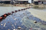 Warga melintas disekitar tambak ikan yang terdampak tumpahan minyak mentah di Desa Cemarajaya, Cibuaya, Karawang, Jawa Barat, Jumat (30/8/2019). Akibat pasangnya air laut, tumpahan minyak mentah di laut utara Karawang terbawa arus sampai ke tambak ikan milik warga yang dekat dengan bibir pantai. ANTARA FOTO/M Ibnu Chazar/agr