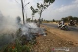 Pengendara sepeda motor melintas di samping semak belukar yang terbakar di Jalan Ahmad Yani, Kecamatan Liang Anggang, Banjarbaru, Kalimantan Selatan, Rabu (4/9/2019).Kebakaran hutan dan lahan (Karhutla) di Kalsel meluas sehingga menimbulkan kabut asap tebal yang menyebabkan terganggunya aktivitas pengguna jalan dengan jarak pandang berkisar antara 20 meter sampai 100 meter.Foto Antaranews Kalsel/Bayu Pratama S.