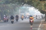 Sejumlah kendaraan bermotor melaju menembus kabut asap di Jalan Gatot Subroto, Banjarmasin, Kalimantan Selatan, Kamis (5/9/2019).Kota Banjarmasin terpapar kabut asap yang berasal dari kebakaran hutan dan lahan di sejumlah daerah di Provinsi Kalsel.Foto Antaranews Kalsel/Bayu Pratama S.