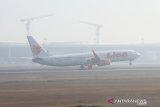 Pesawat komersial mendarat di Bandara Syamsudin Noor yamg di selimuti kabut asap di Banjarbaru, Kalimantan Selatan, Rabu (11/9/2019).Berdasarkan pernyataan otoritas Bandara Syamsudin Noor Banjarmasin pada Selasa (10/9/2019) pagi sebanyak tujuh penerbangan mengalami keterlambatan 1 jam 20 menit akibat kabut asap yang mengakibatkan jarak pandang hanya mencapai 200 meter hingga 400 meter.Foto Antaranews Kalsel/Bayu Pratama S.