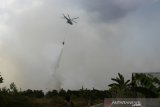 Helikopter milik Badan Nasional Penanggulangan Bencana (BNPB) melakukan water bombing pada kebakaran lahan gambut di Jalan Tegal Arum kawasan Syamsudin Noor, Banjarbaru, Kalimantan Selatan, Jumat (13/9/2019).Panasnya cuaca dan kencangnya angin membuat kebakaran cepat meluas sehingga menyulitkan petugas untuk memadamkan kebakaran lahan gambut tersebut.Foto Antaranews Kalsel/Bayu Pratama S.