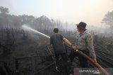 Personil Polri berupaya memadamkan kebakaran lahan di Desa Pengayuan, Banjarbaru, Kalimantan Selatan, Sabtu (14/9/2019). Kebakaran lahan gambut di kawasan tersebut mengakibatkan satu tempat usaha warga dan sebagian dinding rumah warga ikut terbakar. (Foto Antaranews Kalsel/Bayu Pratama S)