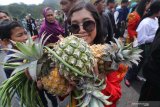Pengunjung memperlihatkan buah nanas yang diambil dari gunungan berisi hasil bumi saat ritual sesaji Kelud di lereng gunung Kelud, Kediri, Jawa Timur, Sabtu (14/9/2019). Ritual sesaji yang dilaksanakan setahun sekali pada bulan Suro (penanggalan Jawa) itu sebagai simbolisasi perwujutan rasa syukur keberadaan Gunung Kelud yang memberikan kesuburan dan kemakmuran bagi masyarakat sekitar. Antara Jatim/Prasetia Fauzani/zk.