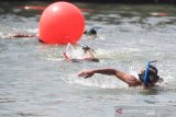 Sejumlah peserta mengikuti kejuaraan renang nomor Finswimming di Pelabuhan Cirebon, Jawa Barat, Sabtu (14/9/2019). Kejuaraan renag laut dan balap perahu karet yang digelar Pangkalan TNI AL Cirebon tersebut dalam rangka memperingati HUT ke-74 TNI AL. ANTARA JABAR/Dedhez Anggara/agr