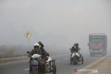 Sejumlah kendaraan bermotor melintas di jalan lingkar selatan yang diselimuti kabut asap pekat di Banjarbaru, Kalimantan Selatan, Rabu (25/9/2019). Kebakaran hutan dan lahan (Karhutla) menyebabkan timbulnya kabut asap pekat yang berdampak kepada kesehatan warga, terganggunya aktivitas dengan jarak pandang terbatas serta menimbulkan aroma menyengat. Foto Antaranews Kalsel/Bayu Pratama S.