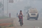 Pelajar SDN 61 Kabupaten Tanjungjabung Timur dan warga beraktivitas di Jalan Lintas Jambi-Muara Sabak yang diselimuti kabut asap karhutla di Muara Sabak Barat, Tanjungjabung Timur, Jambi, Rabu (9/10/2019). Kabut asap akibat kebakaran hutan dan lahan di tengah upaya pemadaman di wilayah itu terpantau bertambah pekat menyelimuti kawasan permukiman. ANTARA FOTO/Wahdi Septiawan/foc. 