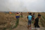 Sejumlah Warga berjaga saat terjadi kebakaran lahan di Desa Kayu Bawang, Kecamatan Gambut, Kabupaten Banjar, Kalimantan Selatan, Jumat (11/10/2019).Kencangnya angin di lokasi lahan yang terbakar membuat api cepat meluas sehingga membuat panik warga karena api menjalar menuju permukiman penduduk. Foto Antaranews Kalsel/Bayu Pratama S.