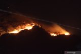 Kebakaran di Gunung Ranti terlihat dari Tawonan, Banyuwangi, Jawa Timur, Sabtu (19/10/2019). Dalam kebakaran tersebut, diduga ada 4 pendaki yang terjebak dipuncak. Antara Jatim/Budi Candra Setya/zk.