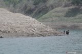 Warga memancing di tepi Waduk Wonorejo yang menyusut di Wonorejo, Tulungagung, Jawa Timur, Jumat (25/10/2019). Kemarau panjang menyebabkan permukaan air Waduk Wonorejo menyusut drastis sehingga cadangan air saat ini sekitar 60 juta meter kubik, turun drastis dari ambang daya tampung maksimal yang mencapai 110 juta meter kubik, namun masih 1,3 meter di atas ambang batas minimal elevasi (ketinggian permukaan air) yang ditentukan, yakni 153 mdpl (meter di atas permukaan laut) sehingga aman untuk mencukupi kebutuhan irigasi dan pemenuhan suplai air PLTA setempat hingga akhir musim kemarau, November-Desember 2019. Antara Jatim/Destyan Sujarwoko/zk