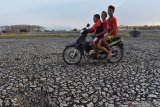 Tiga orang  bocah berboncengan sepeda motor melintas di dasar Waduk Saradan yang mengering di Kabupaten Madiun, Jawa Timur, Rabu (30/10/2019). Sejak sekitar seminggu terakhir, waduk yang berada di kawasan hutan Saradan tersebut mengering dan tinggal menyisakan lumpur di dasar waduk. Antara Jatim/Siswowidodo/zk.