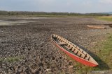 Sejumlah sampan berada di dasar Waduk Saradan yang mengering di Kabupaten Madiun, Jawa Timur, Rabu (30/10/2019). Sejak sekitar seminggu terakhir, waduk yang berada di kawasan hutan Saradan tersebut mengering dan tinggal menyisakan lumpur di dasar waduk. Antara Jatim/Siswowidodo/zk.