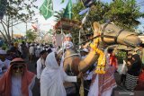 Peserta mengarak murid TPA di atas replika unta saat mengikuti pawai Maulid Nabi di Kampung Nelayan Nambangan-Cumpat, Surabaya, Jawa Timur, Jumat (8/11/2019). Pawai yang diikuti oleh ratusan murid dan guru Taman Pendidikan Al Quran (TPA) serta warga kampung nelayan tersebut dalam rangka memperingati hari lahirnya Nabi Muhammad SAW. Antara Jatim/Moch Asim/zk.