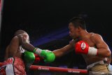 Petinju Indonesia, Daud Yordan (kanan) memukul petinju Afrika Selatan, Michael Mokoena (kiri) dalam pertandingan perebutan gelar juara dunia tinju kelas ringan super 63,50 kilogram versi International Boxing Association (IBA) dan World Boxing Organization (WBO) di Batu, Jawa Timur, Minggu (17/11/2019). Daud Yordan menang TKO atas Michael Mokoena di ronde ke-8. Antara Jatim/Ari Bowo Sucipto/zk