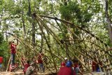 Pelaku Kelompok Sadar Wisata (Pokdarwis) membuat karya seni instalasi berbahan bambu saat mengikuti Festival Bambu di Dungus Forest Park Kabupaten Madiun, Jawa Timur, Sabtu (30/11/2019). Festival bambu yang diikuti ratusan pelaku Pokdarwis tersebut dimaksudkan untuk mengangkat potensi daerah yang sebagian besar wilayahnya penghasil bambu. Antara Jatim/Siswowidodo/zk.