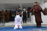 Terpidana pelanggar hukum Syariat Islam (kiri) menjalani eksekusi cambuk di Taman Sari, Banda Aceh, Selasa (10/12/2019). Terpidana dalam kasus khalwat di salah satu hotel bintang lima di Banda Aceh itu dikenakan hukuman enam kali cambuk setelah dipotong masa tahanan, sedangkan pasangan terpidana dari oknum TNI kasusnya masih ditangani oleh Polisi Militer dan Polri. Antara Aceh/Ampelsa.
