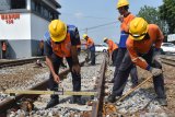  Pekerja melakukan perawatan rel Kereta Api (KA) di Madiun, Jawa Timur, Kamis (19/12/2019). Perawatan rel KA tersebut sebagai upaya PT KAI meningkatkan keselamatan perjalanan KA guna menjamin kenyamanan penumpang angkutan Natal dan Tahun Baru. Antara Jatim/Siswowidodo/zk