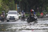 Sejumlah pengendara menorobos genangan air saat banjir melanda kawasan Jalan Lambung Mangkurat Banjarmasin, Kalimantan Selatan, Selasa (31/12/2019). Banjir yang sering melanda kawasan jalan tersebut diakibatkan intensitas hujan yang tinggi serta diperparah sistem drainase yang buruk. Foto Antaranews Kalsel/Bayu Pratama S.