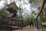 Wisatawan berkunjung ke kawasan ekowisata mangrove Pangkal Babu, Tungkal Ilir, Tanjungjabung Barat, Jambi, Selasa (31/12/2019). Ekowisata hutan bakau pertama di Pantai Timur Sumatera Provinsi Jambi yang diinisiasi oleh pemuda setempat tersebut menambah pilihan tempat wisata warga untuk memanfatkan waktu libur Natal 2019 dan Tahun Baru 2020 di daerah itu. ANTARA FOTO/Wahdi Septiawan/aww.