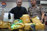 Polisi menunjukkan barang bukti kasus peredaran narkotika di Polda Jawa Timur, Surabaya, Jawa Timur, Rabu (15/1/2020). Ditresnarkoba Polda Jawa Timur bersama Satresnarkoba Polrestabes Surabaya dan Satresnarkoba Polres Pasuruan mengungkap kasus peredaran narkotika bersama dengan menunjukkan sejumlah tersangka dan  barang bukti beberapa diantaranya sabu dengan berat total sekitar 12,77 kilogram dan ganja seberat sekitar 12,425 kilogram. Antara Jatim/Didik/ZK